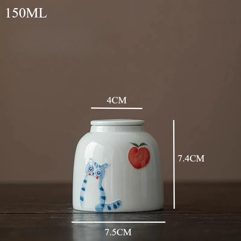 Small ceramic hand-painted cute cat tea sealed jar metal double lid storage universal storage jar