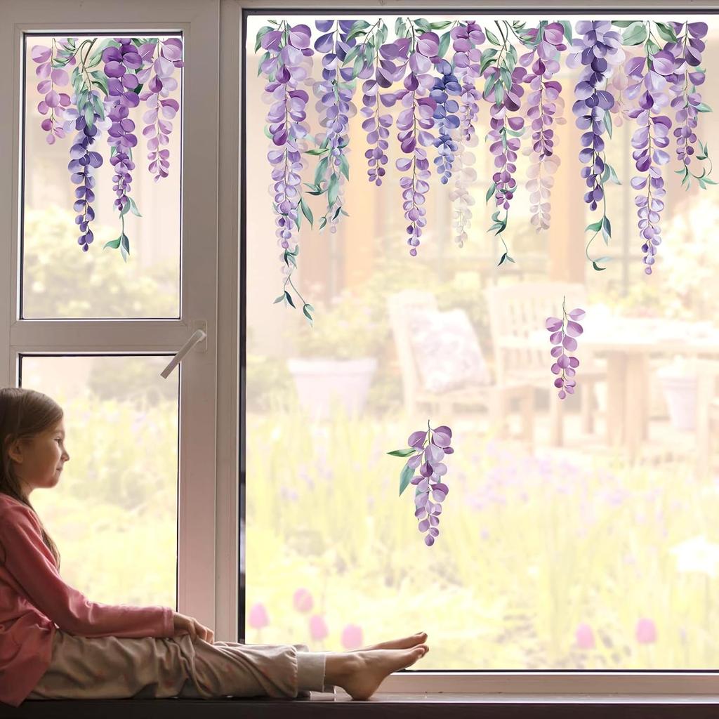 decalmile Purple Hanging Vine Double Sided Window Clings Wisteria Flower Leaf Window Decals Anti-Collision Glass Doors Window Stickers