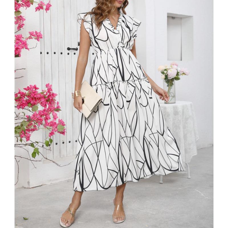 

Женское модное платье с рукавами-крылышками, летнее, с принтом цветов, с V-образным вырезом и утягивающим поясом XL белый