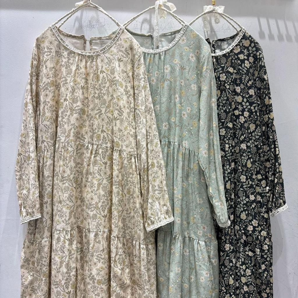 Spring Mori-Style Floral Slimming Pleated Dress, Loose Plus Size, Cotton Linen Long Sleeve