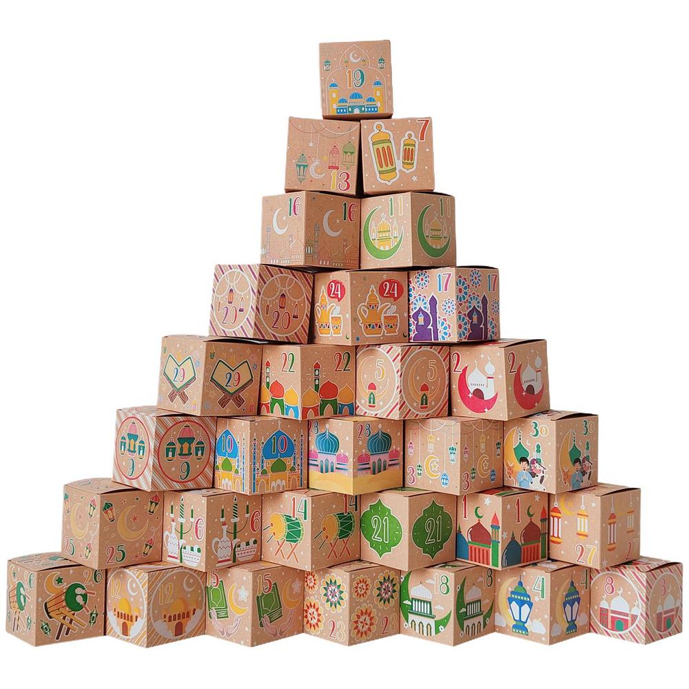 30Pcs Eid Mubarak Candy Gift Box Ramadan Kareem Advent Calendar Decoration Paper Candy Boxes Muslim Islamic Home Party Supplies