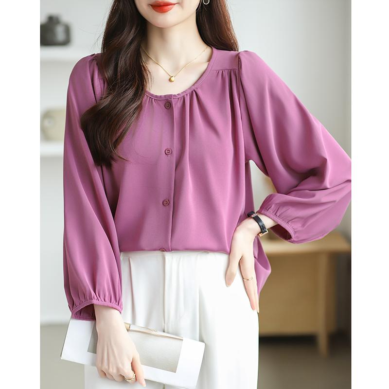 New Fashion Lantern Sleeve Loose Casual Blouse Women Single Breasted Elegant Solid Vintage Shirts Women Tops Round Neck Plus Size Ladies Blouses 26335