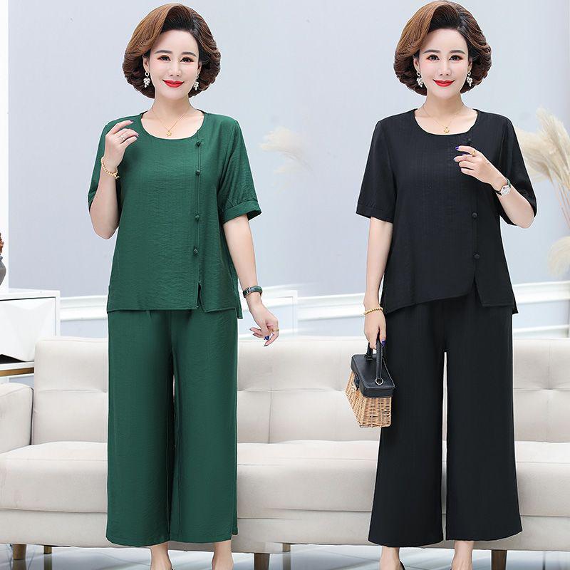 Stylish Plus Size Cotton Linen Summer Set for Middle-Aged Women: Short Sleeve T-Shirt & Two-Piece Outfit