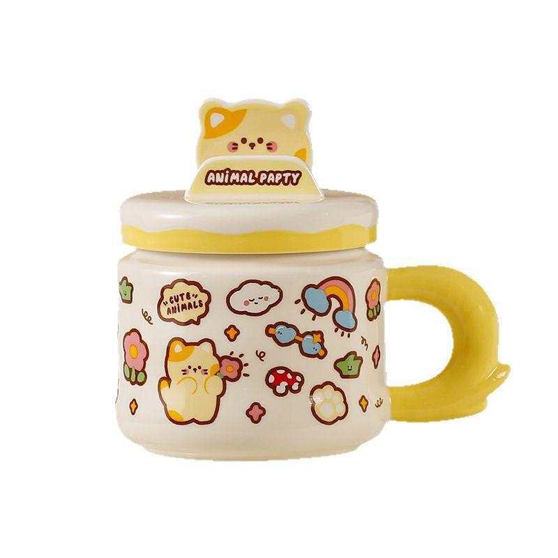 Cute Cartoon Ceramic Cup High Value Mobile Phone Stand Mug with Lid for Girls Gift Couple Water Cup for Girlfriend