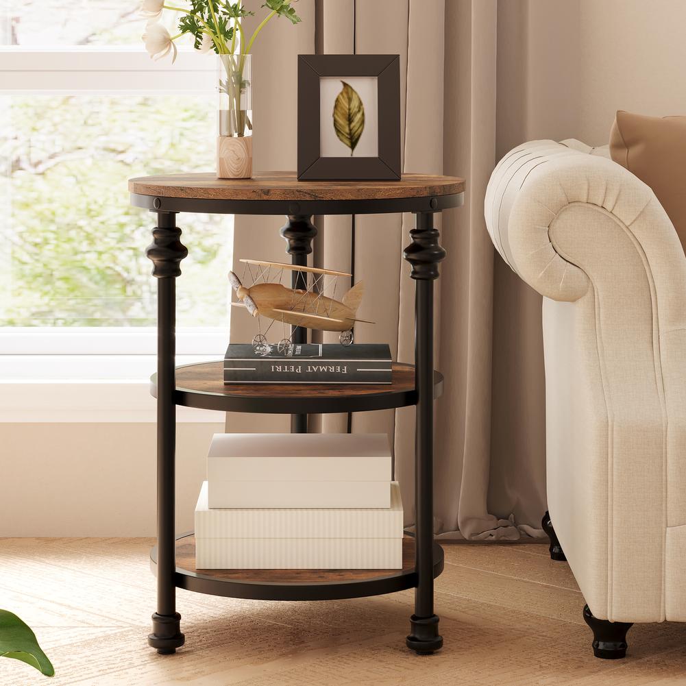 3-Tier Round Side Table Accent Table with Storage Shelf and Metal Industrial Wood Bed Side Table Night Stand for Bedroom