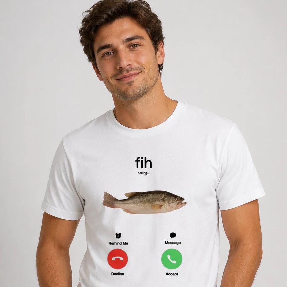 Fih Phone Call Meme Funny T-Shirt Joke White Graphic Tee Gift Unisex Adult Tee M