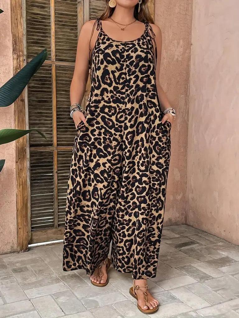Chic Leopard Print Jumpsuit with Pockets: Casual, Loose, Thin Straps, Perfect for Spring/Summer/Autumn