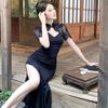 Fashion Royal Sister Wind Lace Splicing Pure Desire Sexy Hollow High Sense New Chinese Improved Cheongsam Split Dress