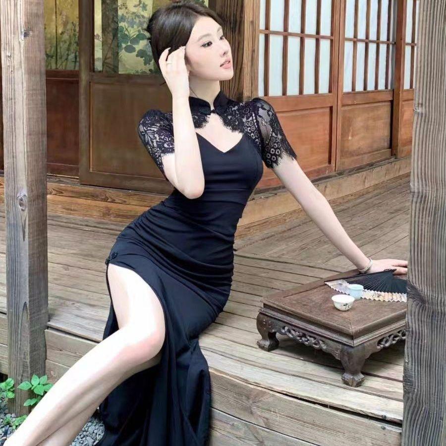Fashion Royal Sister Wind Lace Splicing Pure Desire Sexy Hollow High Sense New Chinese Improved Cheongsam Split Dress