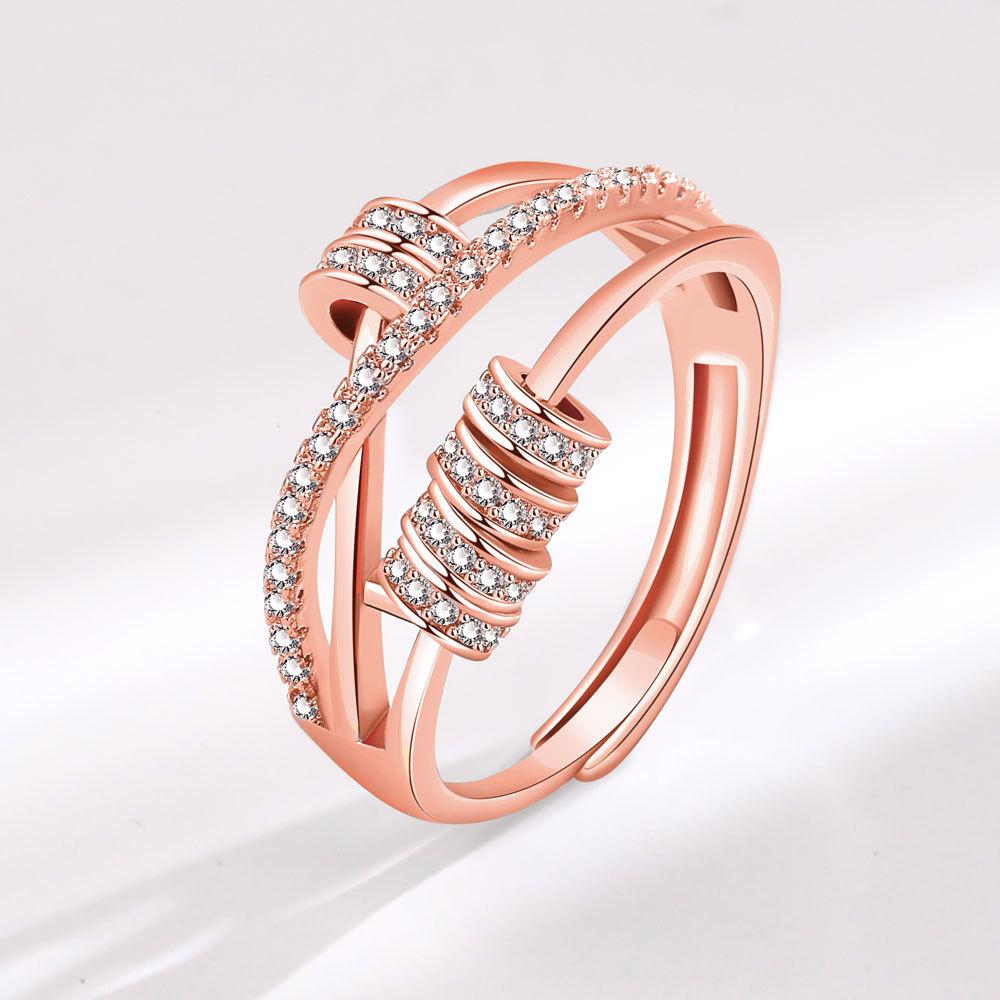 Women Spinning Zircon Five Ring Adjustable Open Band Lucky Rotating Circle Jewelry Fashion Elegant Gift