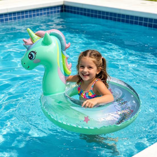 Cartoon Horse Swim Ring with Seat Handle Kids Inflatable Thickened PVC