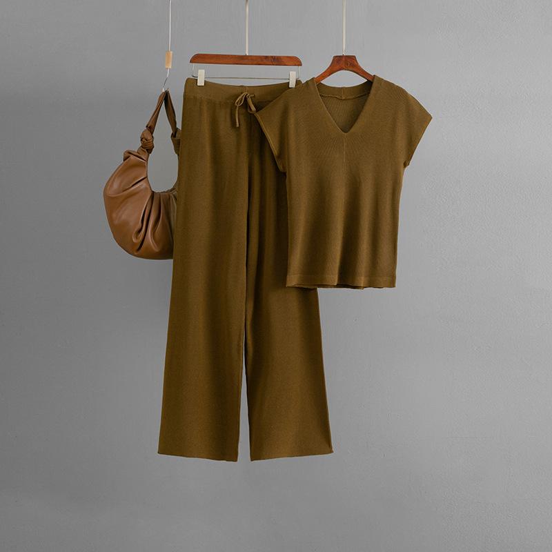 

Жилет с маленькими рукавами-крылышками, без рукавов, с вырезом горловины, вязаный свитер-топ, модный костюм, женские повседневные брюки, комплект из двух предметов one size fits all темно-коричневого