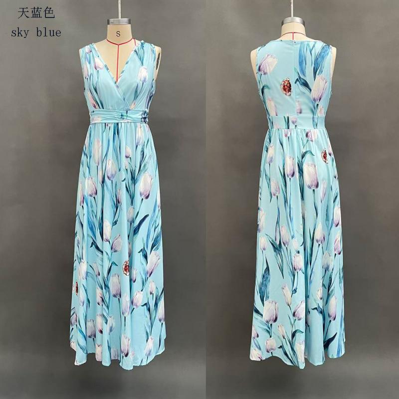 2026 summer new French V-neck light blue tulip print sleeveless long dress