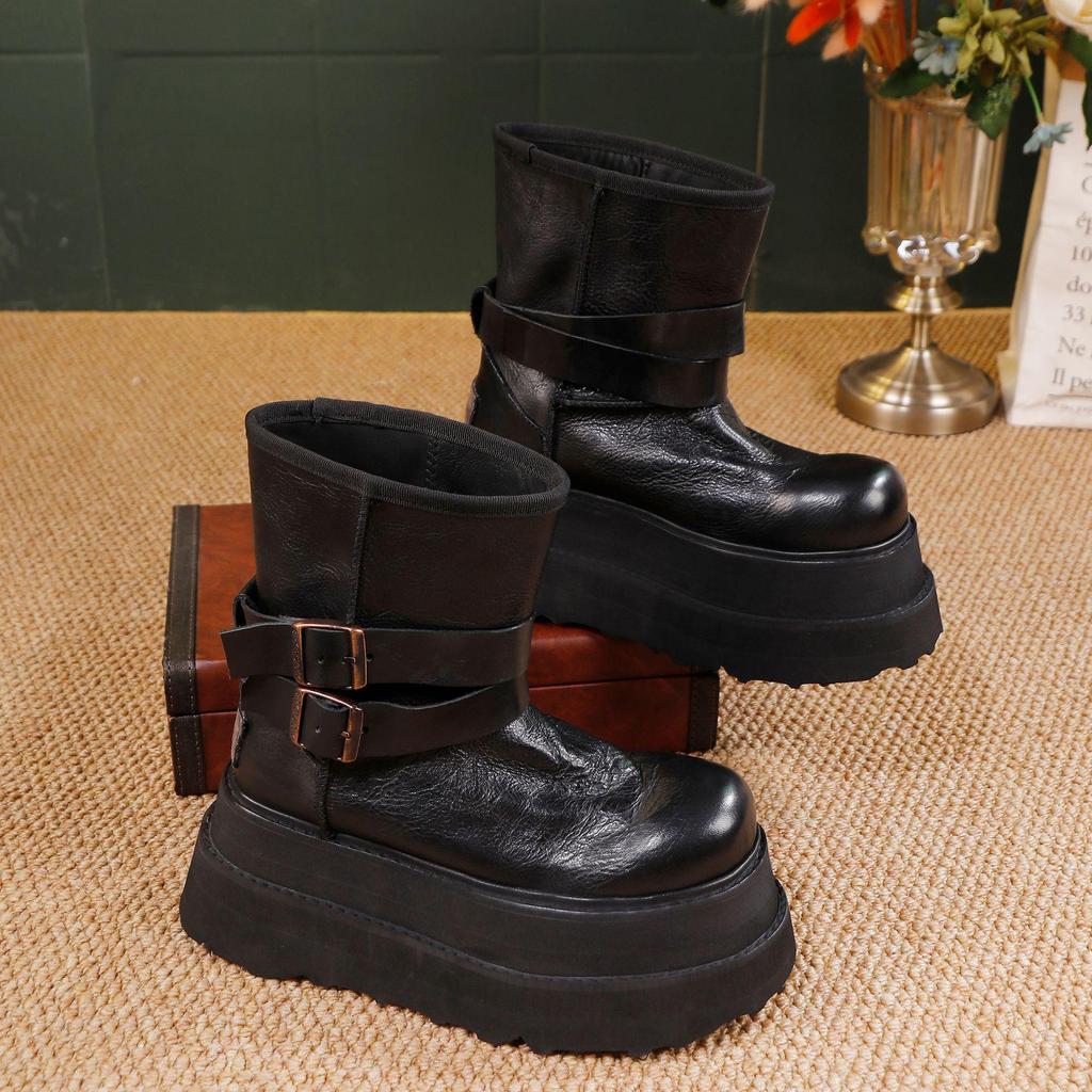 Women's 2025 Height-Increasing Martin Boots - Washed Cowhide Platform Ankle Boots with Buckle and Thick Sole