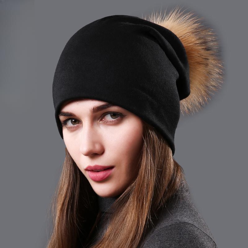 Damen Echter Waschbärfell Bommelmützen Beanies Herbst Winter Warm Einfarbig Mützen Für Frauen Mode Baumwolle Skullies Dünne Mütze