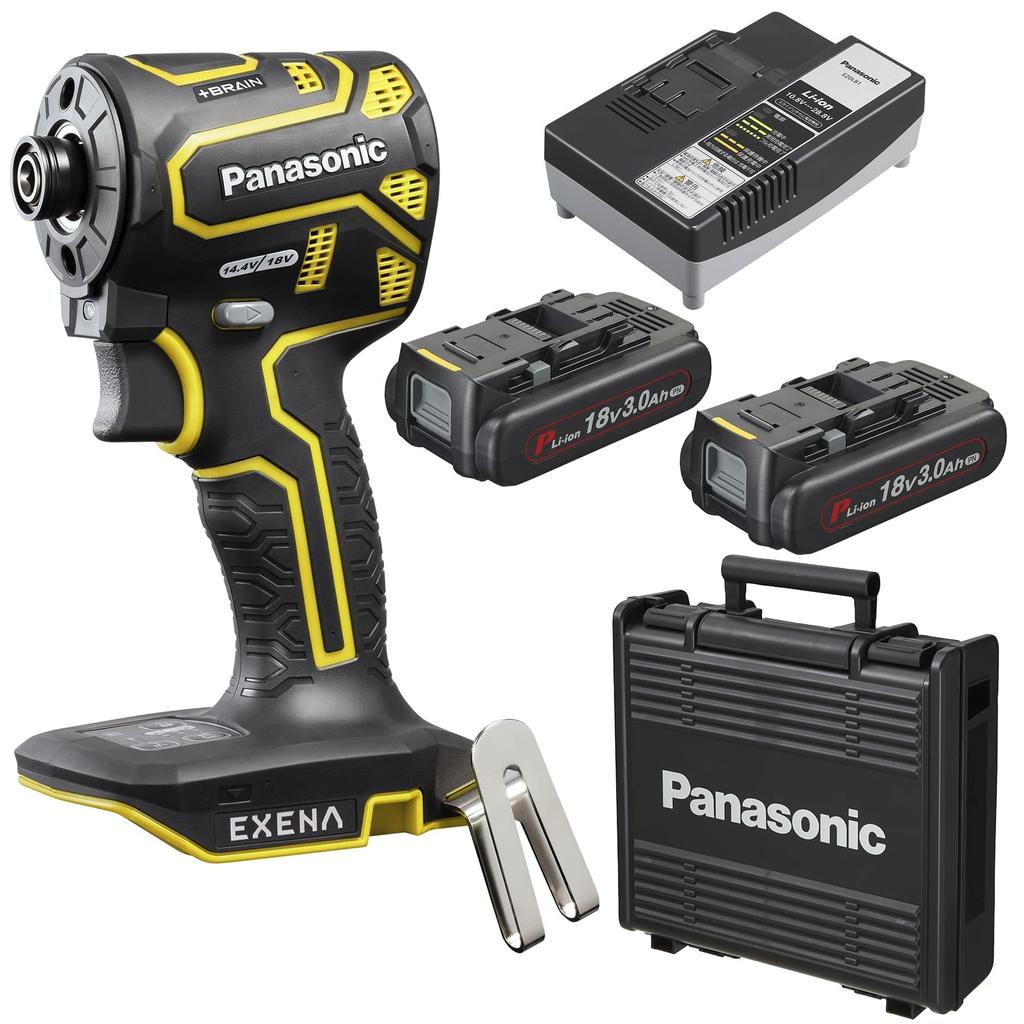 Panasonic Rechargeable Impact Driver EXENA Battery Pack X Case Dual BRAIN Electronic Clutch Equipped P Series Yellow (18V 3.0Ah 2/charger/plastic