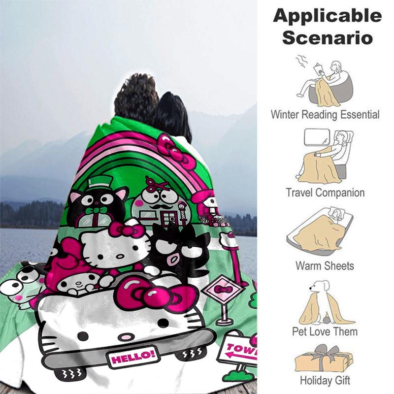 1pc Town Adventure Hello Kitty Blanket, Cute Home Decor Gift, Soft Throw Blanket, Living Room, Travel, Camping, Car Blankets, Beach, Office Naps, All-