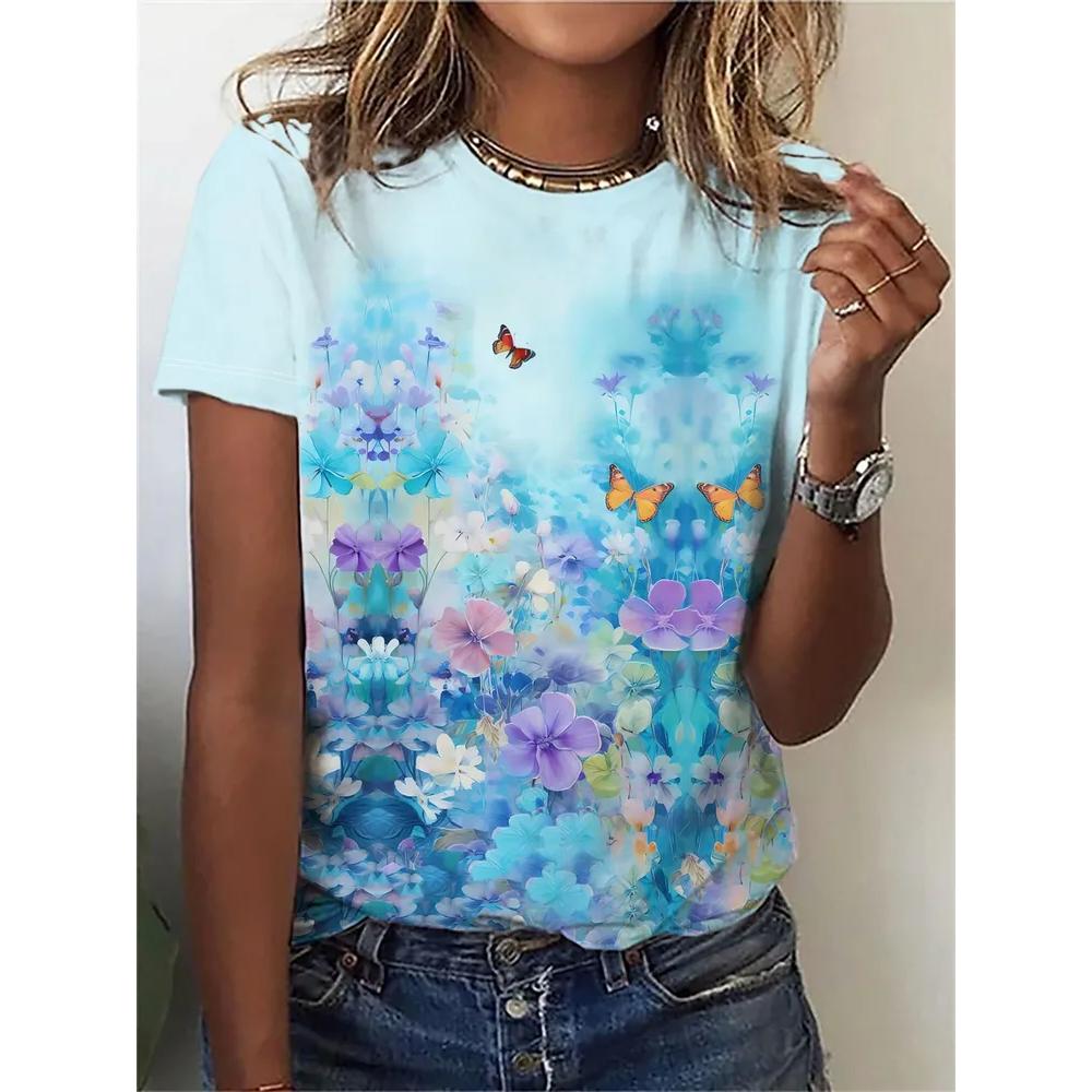 Comfortable Versatile Flower Print Short-sleeved Fashion Top Casual Simple T-Shirts Women’s