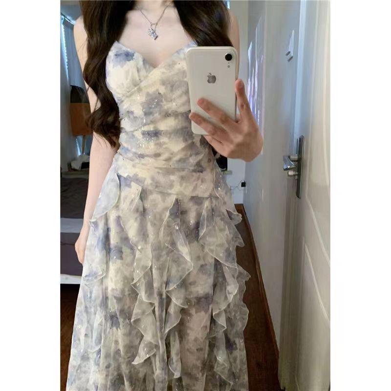 Vestido de tirantes floral de verano para mujer - Escote en V, Estilo de hada que acentúa la cintura, Dulce y moderno