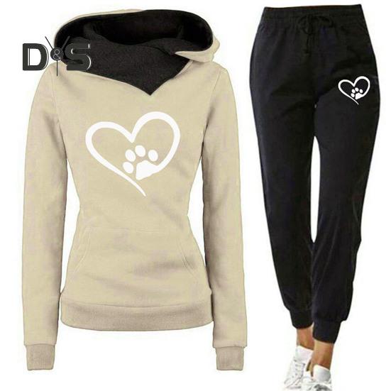 2 Teile/satz Frauen Herbst Winter Herz Druck Sport Outfit Mit Kapuze Langarm Front Tasche Sweatshirt Tops Elastische Taille Jogger Hosen trainingsanzug