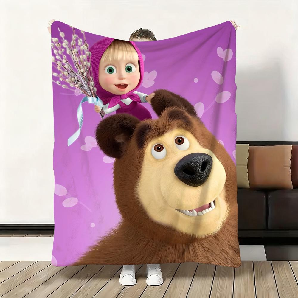 Cartoon M-Masha and the B-Bear Throw Flannel Fluffy Soft Blanket Warm Skin-Friendly Throw for Sofa Bed Office Nap Winter