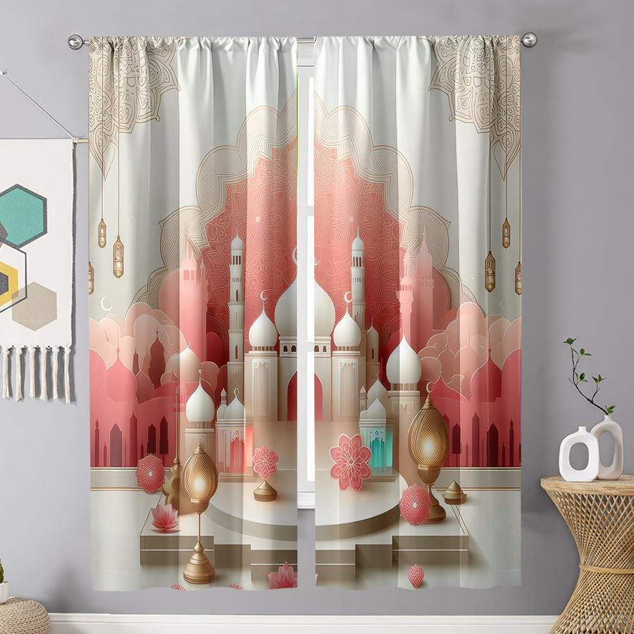 2PCS Pink Mix Mosque Decorative Curtains, Soft and Gentle Style, Living Room and Bedroom, Drawbar Pocket Decoration