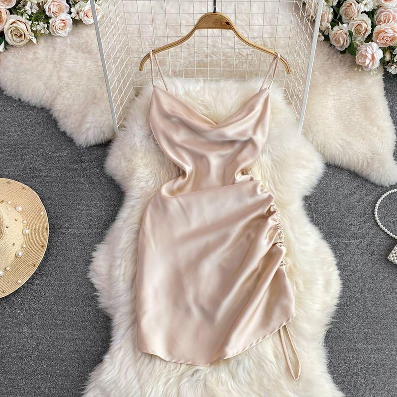 

Sexy V-neck Pleated Summer Asymmetrical A- line Slip Dress Apricot L