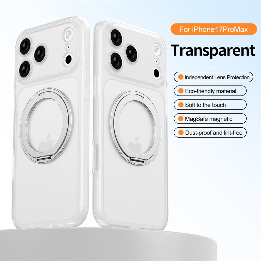 Magnetic 360°Rotation Stand TPU Case For iPhone 17 Air 16 15 14 13 Pro Max With Ring Holder Frosted Transparent PC Matte Cover
