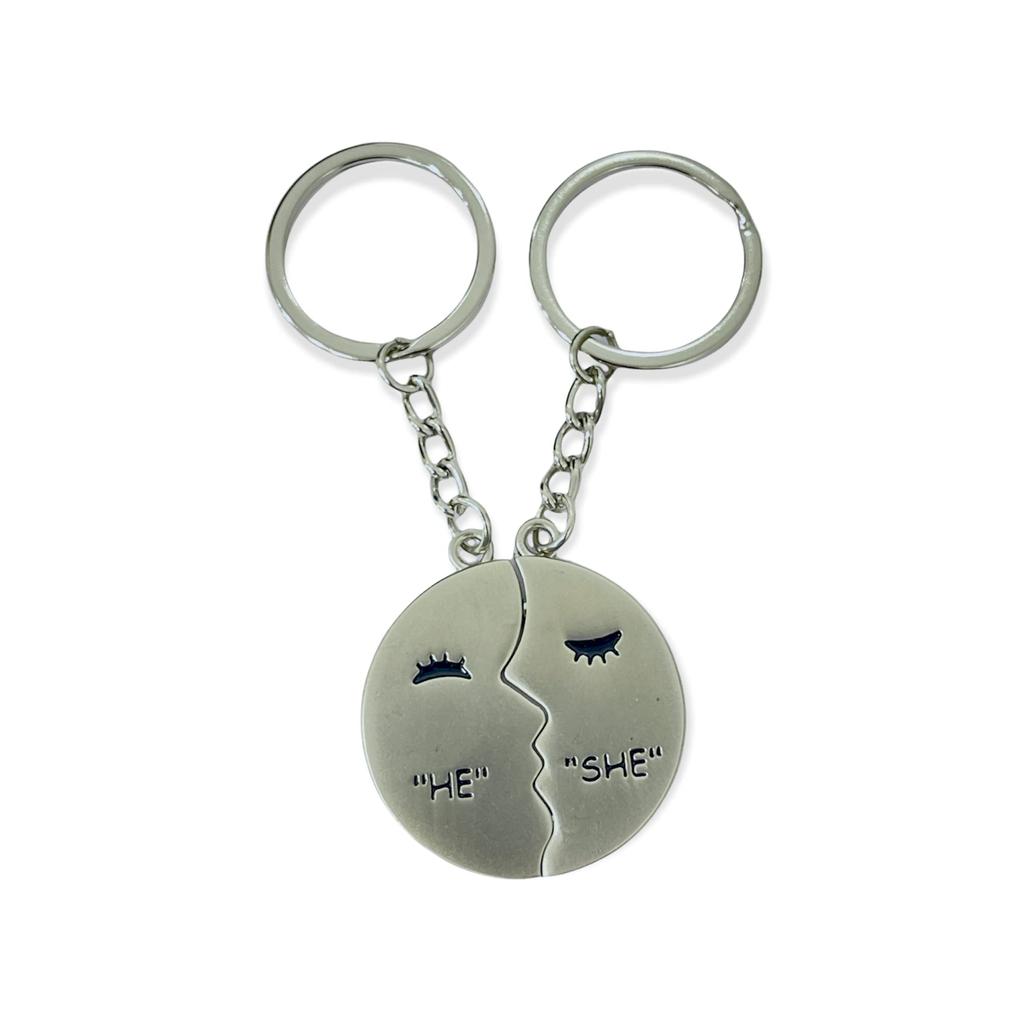 AUGEN Premium Couple He She Stainless Steel Keychain Metal For Gifting With Key Ring Anti-Rust (Pack Of 1)