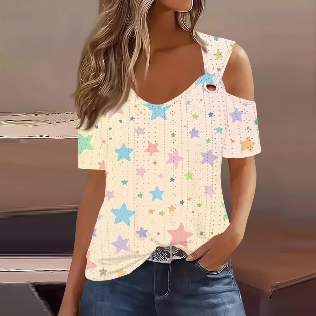 Sexy Cold Sholuder Tops For Women  Summer Hollow Out Eyelet Short Sleeve Blouse Loose V Neck Tshirt Trendy Casual Tunics