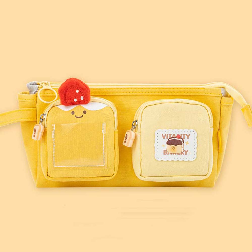 Large Capacity Cartoon Canvas Pen Bag Chestnut Strawberry Cheese Cute Bear Pencil Pouch Pudding Puppy Yellow