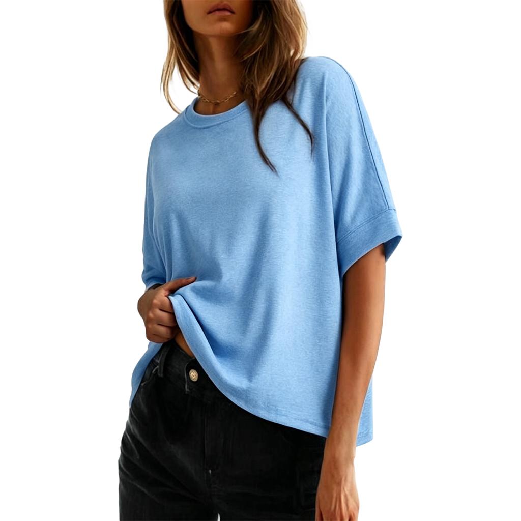 Ladies' Basic Fashion Color Short Sleeve Round Neck T-Shirt Casual Pullover Top for Everyday Wear and Daily Use