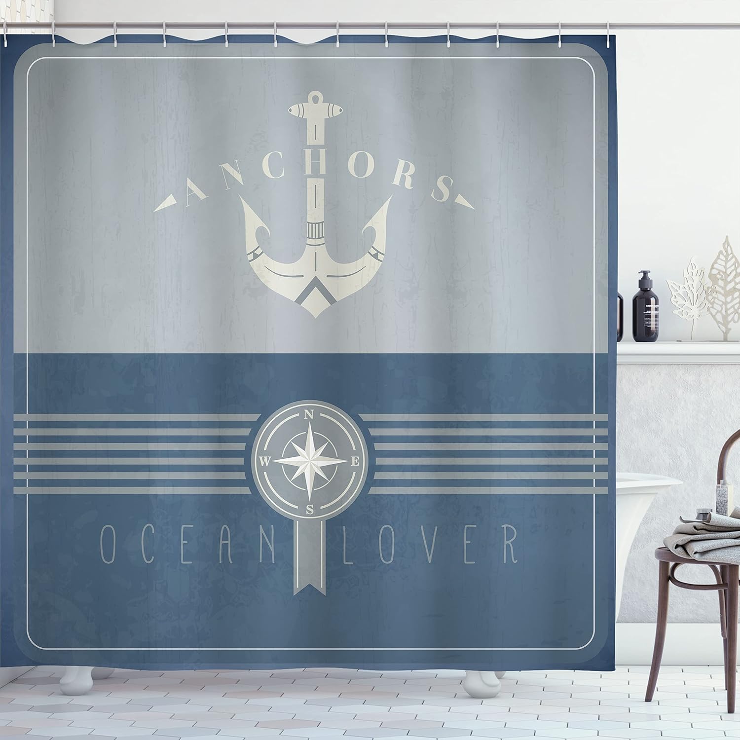 

Nautical Anchor Compass Shower Curtain 72X72 Inches Ocean Lover Theme Blue White Design Bathroom Decor W60H190(CM)-1 Pcs