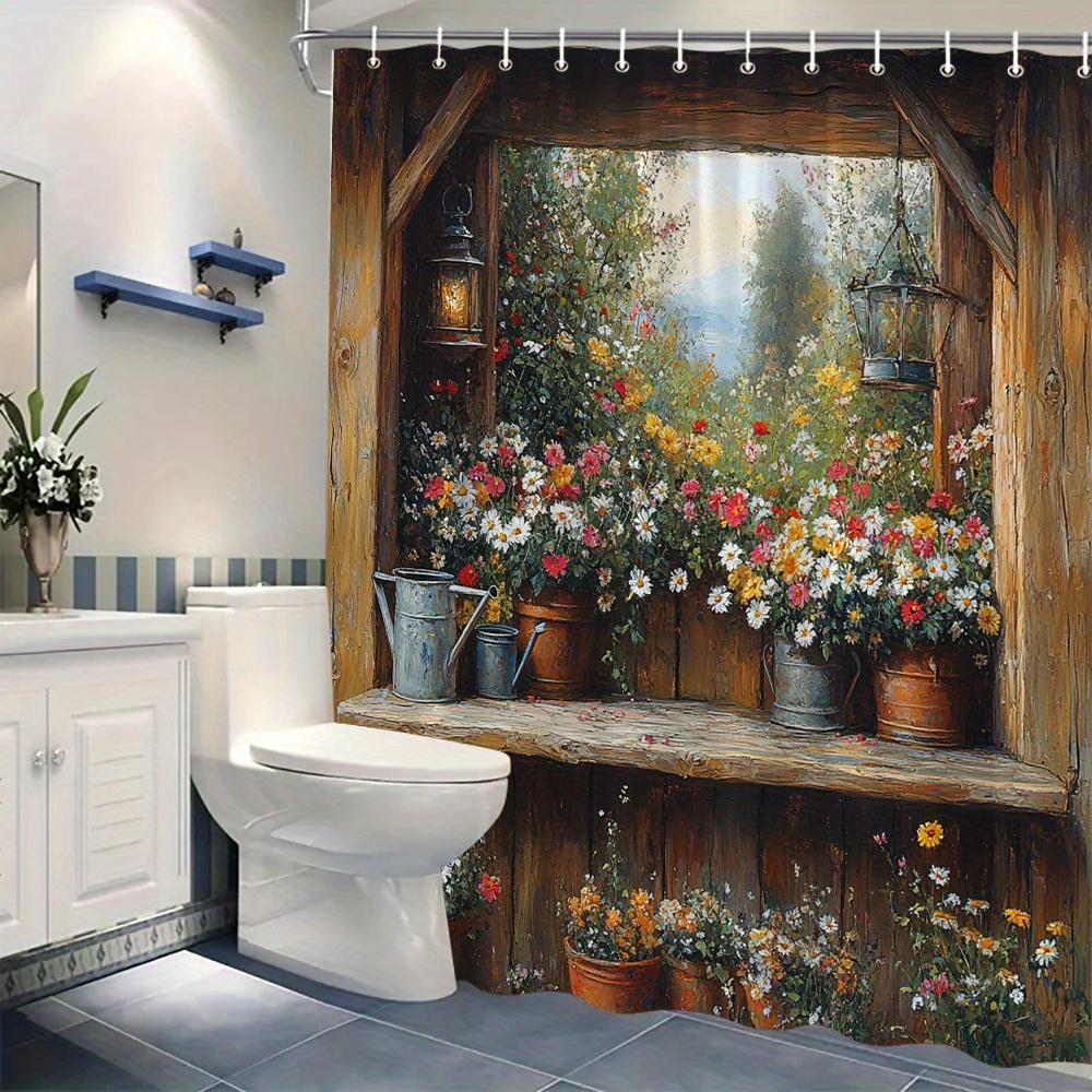 Wasserdichter Floral Garden Duschvorhang Badezimmer Deko Rustikales Blockhaus Cottagecore Stil Polyester Einsatz Waldmotiv Druck Duschvorh
