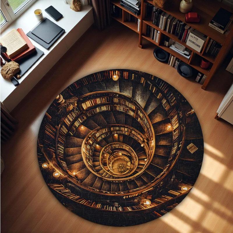 Vintage Fantasy Round Carpet Spiral Staircase Bookshelf Black Cat Design Rug Anti-slip Water-absorbing for Living Room Bedroom