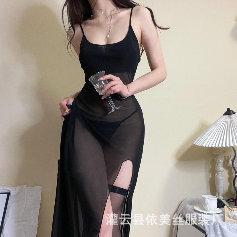 Sex underwear women's mesh transparent long dress pure desire temptation free split suspender dress