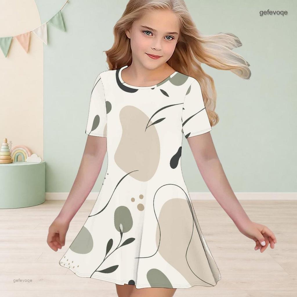 Girls Round Neck Short Sleeve Abstract Marble Printed A Line Flared Dress