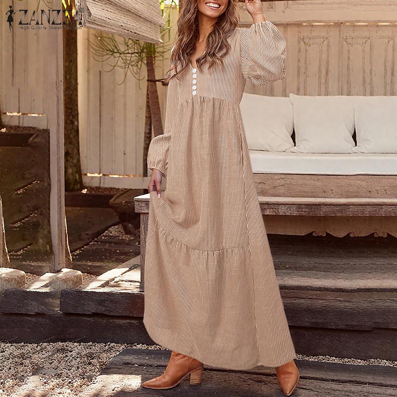 ZANZEA Rochie Lungă Casual cu Mâneci Lungi și Gât în V, Largă, cu Dungi