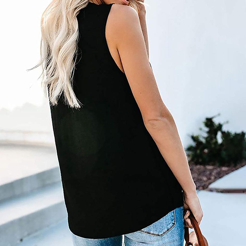 Women V-Neck Sleeveless Tops Casual Color Slim Loose Blouse With Pockets