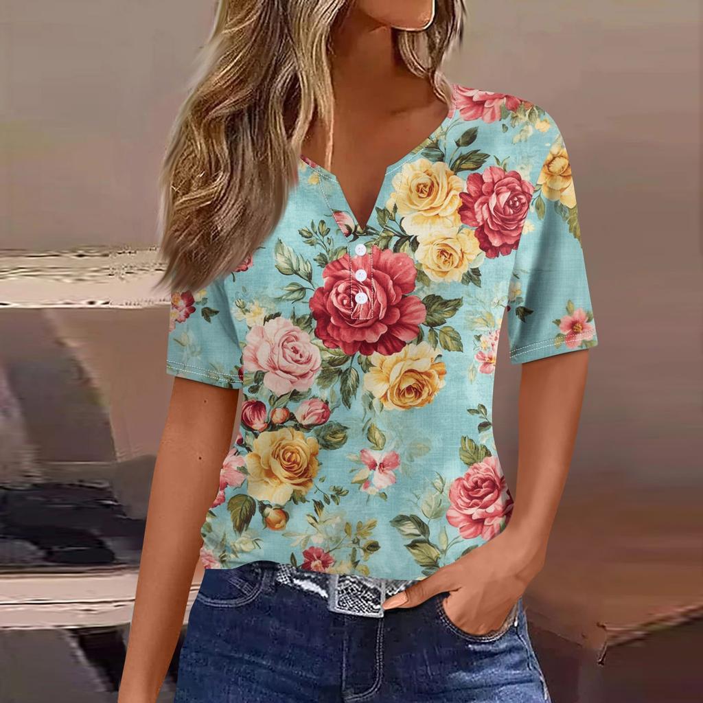 Women's T Shirt Tee Print Button Short Sleeve Daily Weekend Fashion Basic V- Neck Regular Top