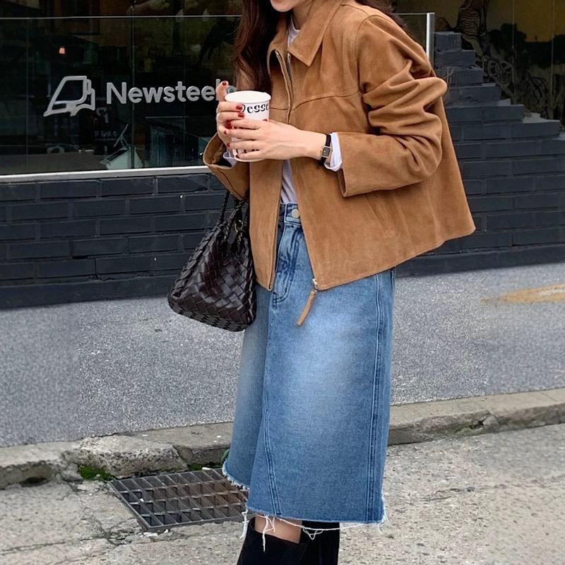 Women S Short Faux Suede Zip Up Stand Collar Jacket Casual Outerwear