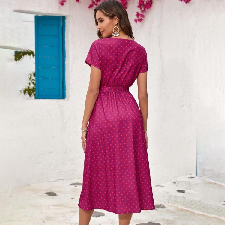 Women Summer High Waist A Line Dress Ethnic Printed Short Sleeve Lace Up