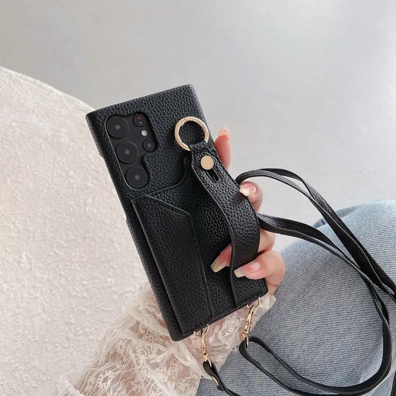Wrist Strap Crossboby Phone Case for Samsung Galaxy S24 S22 Ultra Plus S23 FE A15 A25 A35 A55 A24 A34 A54 A14 With Card Holder