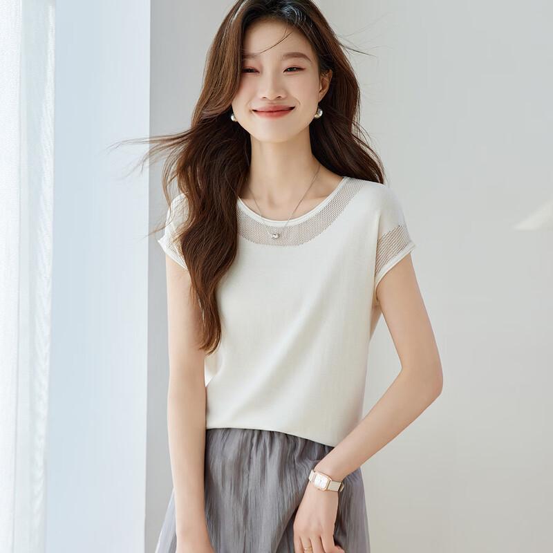 Srcr Women's Short Sleeve Mulberry Silk Blend Lace Knit Top