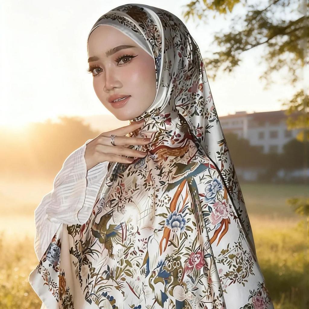 Fashion Soft Satin Muslim Hijab Handscarf Long Shawl Luxury Design Floral Printing Women'S Smooth Ramadan Headband 180*85Cm