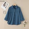 Women Casual Turn Down Collar Loose 3/4 Sleeve Blouse