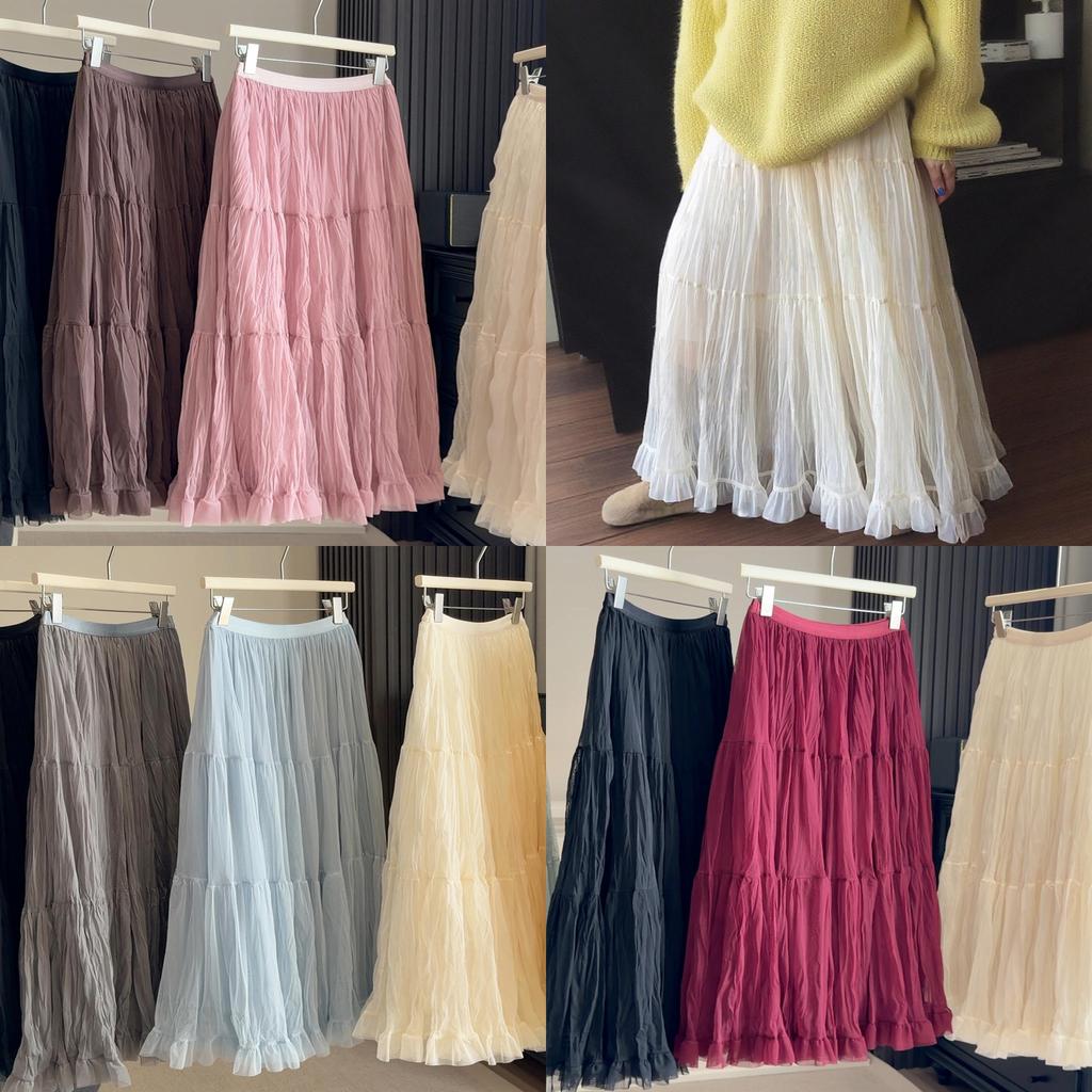 Pure Color Mesh Panel Long Skirt With Pleats For Casual Womens Fashion