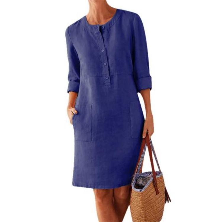 Elegant Plus Size Long Sleeve Tunic Kaftan Dress Casual Solid Color Cotton Linen for Women