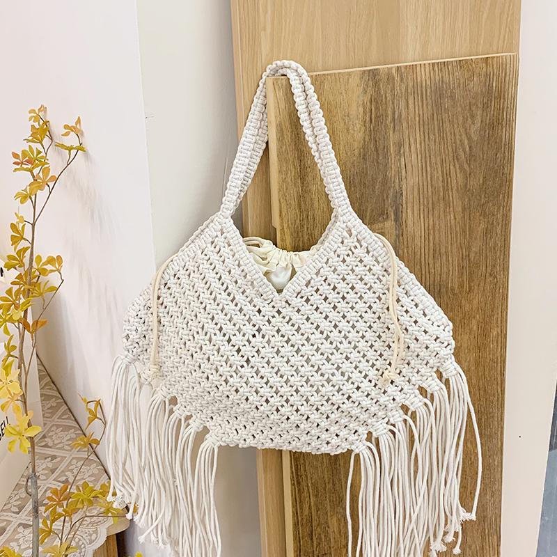 Diseño de Verano Bolso de Hombro Tejido con Borlas para Mujer Versátil de Moda Playa Calado Bolso de Mano Ligero Bolsas de Paja para Vacaciones