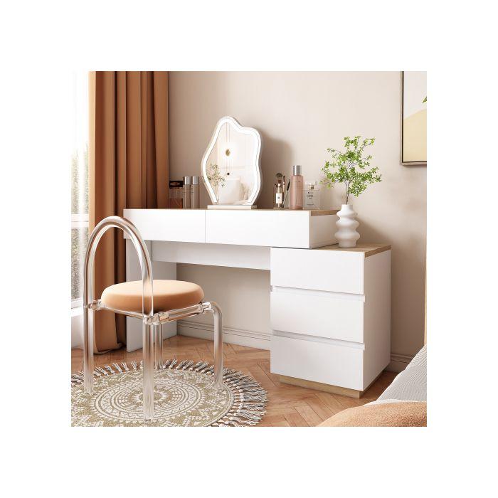 Bureau Avec 5 Tiroirs, Commode, Rangement, Pour Chambre À Coucher, Panneau De Particules E1, Blanc + Chêne